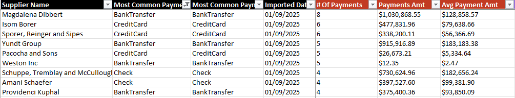 A section of the Supplier Analysis tab from the Excel report that displays the columns related to payments.